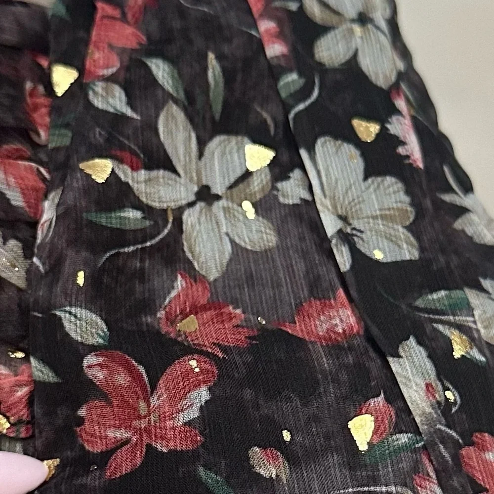 Astr Beverly Fuchsia Gold Floral Sheer Blouse XS 51552